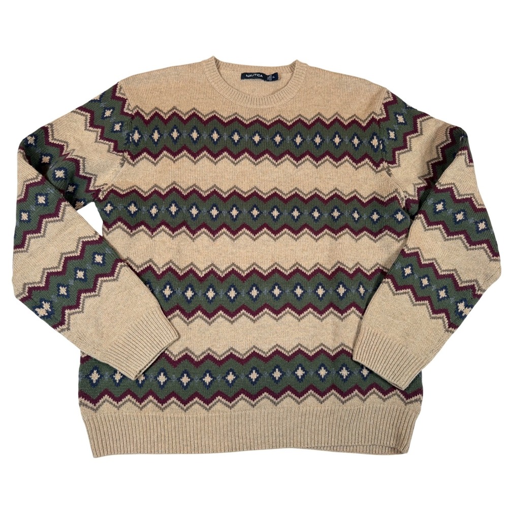 Nautica Mens XL Fair Isle Crewneck Sweater Tan Wool Blend Geometric Knit Grandpa